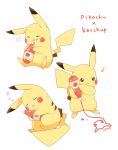  :3 bottle character_name commentary_request drawing food food_on_face gen_1_pokemon holding holding_bottle ketchup ketchup_bottle mei_(maysroom) multiple_views musical_note no_humans open_mouth pikachu pokemon pokemon_(creature) signature simple_background sitting sleeping standing tongue tongue_out white_background zzz 