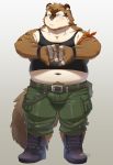  2020 anthro belly blush bottomwear brown_body brown_fur bulge canid canine clothing fur hi_res humanoid_hands kemono male mammal navel nikiciy overweight overweight_male pants raccoon_dog shirt solo tanuki topwear 