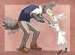  2020 anthro anthro_on_anthro beastars border brown_background brown_border canid canine canis clothed clothing eyes_closed female fully_clothed fur glasswhistle grey_body grey_fur haru_(beastars) hi_res kissing lagomorph legoshi_(beastars) leporid male male/female mammal rabbit simple_background standing tailwag white_body white_fur wolf 