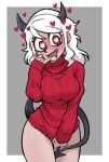  1girl black_horns black_tail blush bottomless breasts centinel303 clothes_tug demon_girl demon_horns demon_tail drooling finger_to_mouth full-face_blush heart heart-shaped_pupils helltaker horns large_breasts long_hair looking_at_viewer modeus_(helltaker) naked_sweater pinky_out red_sweater ribbed_sweater solo sweater sweater_tug symbol-shaped_pupils tail turtleneck turtleneck_sweater white_hair 