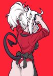  1girl adjusting_hair apron arms_up ass bare_legs black_apron black_tail centinel303 demon_girl demon_horns demon_tail flat_ass from_behind hair_tie helltaker highres horns long_hair lucifer_(helltaker) no_pants panties ponytail red_background red_eyes red_panties red_shirt shirt silver_hair solo tail tying_hair underwear white_horns 