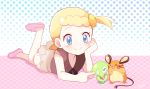  &gt;_&lt; 1girl bike_shorts black_shorts blonde_hair blue_eyes blue_polka_dots blush commentary_request dedenne eureka_(pokemon) gen_6_pokemon hand_on_own_chin leg_up legendary_pokemon looking_at_another lying mary_janes mei_(maysroom) no_socks on_stomach open_mouth petting pink_footwear pink_polka_dots pokemon pokemon_(anime) pokemon_(creature) pokemon_xy_(anime) polka_dot polka_dot_background puni_(pokemon) shoes short_hair shorts side_ponytail signature skirt smile two-tone_background white_skirt zygarde zygarde_core 