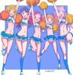  5girls :d aisaki_emiru arm_up armpits blonde_hair blue_eyes blue_footwear blue_hair blue_skirt breasts brown_eyes brown_hair cheerleader eyebrows_visible_through_hair flat_chest hair_ribbon highres hugtto!_precure kagayaki_homare long_hair looking_at_viewer midriff miyagoe_yoshitsuki multiple_girls navel nono_hana open_mouth panties pink_eyes pink_hair pom_poms precure purple_eyes purple_hair purple_panties red_eyes red_ribbon ribbon ruru_amour shoes short_hair skirt small_breasts smile standing standing_on_one_leg twintails underwear white_panties yakushiji_saaya 