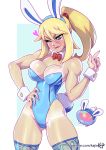  animal_ears ass_visible_through_thighs blonde_hair bow bowtie breasts bunny_ears bunny_tail bunnysuit cleavage hand_on_hip highleg highleg_leotard kajin_(kajinman) large_breasts leotard looking_at_viewer metroid mole mole_under_mouth muscle muscular_female nail_polish ponytail samus_aran smile strapless strapless_leotard tail tan tanline thigh_gap thighhighs toned wrist_cuffs 