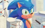  2020 anthro blue_body blue_fur building clothing eulipotyphlan fur gesture gloves green_eyes handwear hedgehog machine male mammal outside pointing redraw smallpanda solo sonic_the_hedgehog sonic_the_hedgehog_(film) sonic_the_hedgehog_(series) 