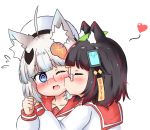  2girls @_@ ahoge animal_ear_fluff animal_ears bailingxiao_jiu bangs beret black_hair blue_eyes blue_hair blush cheek_kiss closed_eyes collarbone eyebrows_visible_through_hair fang flying_sweatdrops fox_ears fox_hair_ornament glasses hat heart kiss leaf leaf_on_head long_sleeves multicolored_hair multiple_girls one_eye_closed open_mouth original pince-nez profile puffy_long_sleeves puffy_sleeves raccoon_ears red-framed_eyewear red_hair red_sailor_collar sailor_collar school_uniform serafuku shirt silver_hair simple_background streaked_hair sweat translation_request upper_body white_background white_headwear white_shirt yuri 