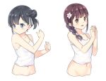  2girls bangs bare_arms bare_shoulders black_hair blue_eyes blush braid brown_eyes brown_hair camisole chinese_commentary closed_mouth collarbone commentary_request cropped_torso eyebrows_behind_hair flower hair_bun hair_flower hair_ornament hair_over_shoulder hands_up hatsunatsu interlocked_fingers looking_at_viewer multiple_girls navel original parted_lips side_bun simple_background single_braid smile underwear underwear_only upper_body white_background white_camisole white_flower 