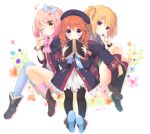  3girls ;q ahoge aono_ribbon bangs black_coat black_legwear blonde_hair blue_bow blue_flower blue_legwear blush book boots bow brown_flower brown_footwear brown_hair candy chieru_(princess_connect!) chloe_(princess_connect!) closed_mouth coat collared_shirt commentary_request dress eyebrows_visible_through_hair flower food green_neckwear grey_shirt hair_between_eyes hair_bow hair_ornament hair_over_shoulder hand_up holding holding_book holding_food holding_lollipop hood hood_down hooded_coat kneehighs loafers lollipop long_hair long_sleeves multiple_girls necktie one_eye_closed open_book open_clothes open_coat pantyhose pink_bow pink_hair pink_legwear plaid plaid_skirt pleated_skirt pointy_ears princess_connect! princess_connect!_re:dive purple_eyes purple_flower red_flower red_skirt ribbed_legwear shirt shoe_soles shoes sidelocks single_sock single_thighhigh skirt smile socks star_(symbol) star_hair_ornament star_in_eye symbol_in_eye thighhighs tongue tongue_out twintails twitter_username w white_background white_dress yellow_flower yuni_(princess_connect!) 
