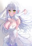  1girl bangs blush breasts bridal_veil cleavage clming dress girls_frontline gloves green_eyes hand_on_headwear hand_up highres hk416_(girls_frontline) jewelry large_breasts long_hair looking_at_viewer ring silver_hair solo veil wedding wedding_band wedding_dress white_background white_gloves white_hair 