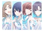  4girls :3 ahoge asakura_tooru badge bangs black_hair blue_background blue_bow blue_choker blue_eyes blue_hair blue_nails blush bow breasts brown_eyes brown_hair button_badge choker collarbone cut-in earrings fukumaru_koito gradient gradient_background gradient_hair hair_bow hair_ornament hairclip highres higuchi_madoka ichikawa_hinana idol_clothes idolmaster idolmaster_shiny_colors jewelry kamekoya_sato long_hair looking_at_viewer medium_breasts medium_hair mole mole_under_eye multicolored_hair multiple_girls nail_polish noctchill_(idolmaster) one_eye_closed open_mouth parted_bangs parted_lips purple_eyes scrunchie shirt short_hair sleeveless smile stud_earrings twintails upper_body white_shirt wrist_scrunchie 