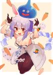  1girl animal_ear_fluff animal_ears arm_cuffs blue_hair braid breasts bunny_ears bunny_girl bunnysuit carrot carrot_hair_ornament cleavage coat commentary_request dice dragon_quest food_themed_hair_ornament fur-trimmed_gloves fur_scarf fur_trim gloves hair_ornament hololive long_braid long_hair monster multicolored_hair rimukoro scarf slime_(dragon_quest) thick_eyebrows twin_braids usada_pekora virtual_youtuber white_coat white_hair 