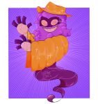  absurd_res cape clothing gloves handwear hat headgear headwear hi_res machmona mask pok&eacute;mon_clover purple_background purple_body purple_skin simple_background smile sparkles that_pitt 