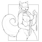  2020 anthro breasts canid canine canis collar collar_only domestic_dog female genitals hair koopacap leash mammal monochrome multi_nipple nipples pussy simple_background smile solo thick_thighs tongue tongue_out white_background 