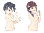  2girls bangs black_hair blue_eyes blush braid breasts brown_eyes brown_hair closed_mouth collarbone convenient_arm cropped_torso eyebrows_behind_hair flower hair_bun hair_flower hair_ornament hair_over_shoulder hands_up hatsunatsu interlocked_fingers looking_at_viewer multiple_girls navel nude original parted_lips side_bun simple_background single_braid small_breasts smile upper_body white_background white_flower 
