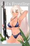  1girl absurdres armpits bikini breasts character_name commentary cover covered_nipples dark_skin eyebrows_visible_through_hair girls_frontline gun hand_in_hair highres holding holding_gun holding_weapon large_breasts long_hair looking_at_viewer m590_(girls_frontline) magazine_cover mossberg_590 navel rox shotgun solo swimsuit very_long_hair weapon white_hair yellow_eyes 