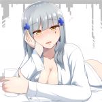  1girl bangs blush breasts cleavage collarbone exren girls_frontline hand_on_head hk416_(girls_frontline) long_hair looking_at_viewer medium_breasts open_clothes open_mouth open_shirt shirt silver_hair simple_background solo white_shirt yellow_eyes 