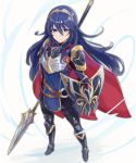  1girl blue_eyes blue_hair breastplate cape closed_mouth fire_emblem fire_emblem_awakening fire_emblem_heroes full_body haru_(nakajou-28) highres holding holding_shield long_hair lucina_(fire_emblem) polearm shield simple_background solo tiara weapon white_background 