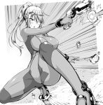  1girl ;o arima_kouichi ass bangs blush breasts commentary_request greyscale gun holding holding_gun holding_weapon kneeling long_hair metroid monochrome one_eye_closed ponytail samus_aran solo spread_legs sweatdrop tiptoes weapon zero_suit 