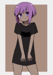  1girl :3 absurdres bangs black_shirt blush breasts brown_background closed_mouth dark_skin eyebrows_visible_through_hair fate/prototype fate/prototype:_fragments_of_blue_and_silver fate_(series) grey_background hassan_of_serenity_(fate) highres i.u.y purple_eyes purple_hair shirt short_sleeves small_breasts solo two-tone_background 