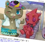  animal_crossing anthro backwards_baseball_cap baseball_cap beach beach_chair beaver blonde_hair blush buckteeth c.j._(animal_crossing) chameleon choker clothing duo eyewear flick_(animal_crossing) freckles goth hair hat headgear headwear jewelry lizard male male/male mammal necklace nintendo red_body red_scales reptile rodent sato_(artist) scales scalie seaside sunglasses swimwear teeth tongue umbrella video_games 