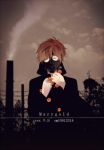  1boy bangs black_hoodie blurry brown_hair brown_sky cloud covered_mouth depth_of_field facing_viewer flower holding holding_flower hood hood_down long_sleeves male_focus marygold_(vocaloid) mask niconico orange_flower power_lines rib_(utaite) sky smoke smokestack solo song_name utaite_(singer) vocaloid yori_(y_rsy) 