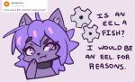  2020 ambiguous_gender anthro ask_blog black_nose blue_hair cogwheel collar dialogue domestic_cat english_text felid feline felis female_(lore) hair inner_ear_fluff looking_up mammal purple_eyes simple_background solo text thinking tuft ultra_(ultrabondagefairy) ultrabondagefairy 