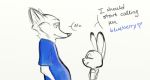  anthro belly blue_clothing blue_shirt blue_topwear canid canine clothing dialogue disney duo female fox judy_hopps lagomorph leporid male male_pregnancy mammal nick_wilde pregnant rabbit shirt topwear unknown_artist zootopia 