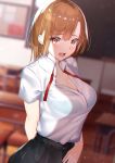  1girl black_skirt bra breasts brown_hair desk highres large_breasts looking_at_viewer mairudo_(mildcoffee1117) medium_hair open_clothes open_mouth open_shirt original room school school_desk school_uniform shirt skirt solo underwear uniform white_shirt yellow_eyes 