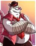  2018 anthro belly bottomwear breeze_in_the_clouds camo_(breeze_in_the_clouds) clothing didelphid facial_hair fur hat headgear headwear hi_res male mammal marsupial mustache necktie overweight overweight_male pants shirt solo srjohn takeuchiart topwear virginia_opossum white_body white_fur 