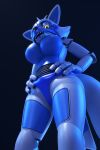 2020 2:3 2_tails 3d_(artwork) 4_fingers animatronic anthro big_breasts blue_body bluffy breasts camel_toe canid canine claws digital_media_(artwork) fan_character featureless_breasts featureless_crotch female fingers five_nights_at_freddy&#039;s fox funtime_foxy_(fnaf) glowing glowing_eyes hands_on_hips hi_res kristall_krit looking_at_viewer looking_down low-angle_view machine mammal multi_tail multicolored_body pseudo_clothing pseudo_hair robot simple_background smile solo video_games whiskers white_body worm&#039;s-eye_view yellow_eyes 