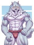  2020 5_fingers abs anthro asian_clothing biceps biped black_nose blush bulge canid canine canis clothing east_asian_clothing fingers fundoshi fur grey_body grey_fur hi_res humanoid_hands japanese_clothing law_(sdorica_sunset) male mammal multicolored_body multicolored_fur muscular muscular_male muscular_thighs navel nipples pecs sdorica sdorica_sunset two_tone_body two_tone_fur uiokv underwear white_body white_fur wolf yellow_eyes 