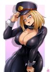  1girl absurdres black_bodysuit blonde_hair blush bodysuit boku_no_hero_academia border breasts cleavage curvy hat highres jmg large_breasts latex_bodysuit lips looking_at_viewer medium_hair no_bra parted_lips peaked_cap police_hat signature solo thick_thighs thighs utsushimi_kemii white_border zipper zipper_pull_tab 