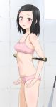  1girl :d bangs bare_arms bare_shoulders baseball_bat black_hair blush bow bow_panties bra breasts brown_eyes cleavage collarbone commentary_request copyright_request groin hair_ornament hairclip highres indoors long_hair looking_at_viewer metal_baseball_bat navel open_mouth panties pink_bra pink_panties small_breasts smile solo standing swept_bangs trg-_(sain) underwear underwear_only 