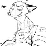  anthro bed belly canid canine clothed clothing disney fox furniture hands_on_belly male male_pregnancy mammal monochrome navel navel_outline nick_wilde on_bed outie_navel pregnant sitting solo tired unknown_artist zootopia 