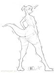  2020 anthro barefoot bottomwear breasts butt butt_expansion clothing digitigrade female hair hi_res jurassic_park koopacap looking_back monochrome non-mammal_breasts ponytail rear_view reptile scalie shirt shorts simple_background solo standing tank_top topwear transformation universal_studios white_background wide_hips 