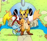  annoyed anthro bandanna bandanna_only building comparing duo eye_contact feral flag flagpole house looking_at_another mudkip nintendo pikachu pok&eacute;mon pok&eacute;mon_(species) size_difference smile smirk smug teeterglance video_games 