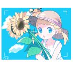  1girl :o blonde_hair blue_eyes blue_sky blush border cloud cloudy_sky commentary_request dedenne dress eureka_(pokemon) flower gen_6_pokemon hair_bobbles hair_ornament hat looking_at_viewer mei_(maysroom) on_head pokemon pokemon_(anime) pokemon_(creature) pokemon_on_head pokemon_xy_(anime) ribbon short_twintails signature sky sleeveless sleeveless_dress straw_hat sundress sunflower sweat twintails upper_body viewfinder white_border white_dress 