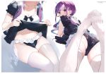  1girl absurdres ahoge ass bangs black_panties blush bow breasts cleavage closed_mouth collarbone dress highres hololive lifted_by_self long_hair looking_at_viewer looking_back lying maid_swimsuit matsui_hiroaki minato_aqua multicolored_hair navel on_stomach panties puffy_short_sleeves puffy_sleeves purple_eyes purple_hair scan see-through shiny shiny_clothes shiny_skin short_dress short_sleeves stomach swimsuit thighhighs thighs twintails two-tone_hair underwear virtual_youtuber water water_drop wet wet_clothes white_legwear 