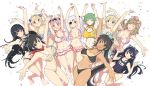  6+girls ^_^ animal_ears arms_up asuka_(senran_kagura) bangs bare_shoulders bikini bikini_skirt bikini_top black_bikini black_hair black_ribbon blonde_hair blue_eyes blue_ribbon blue_stripes blush bow breasts brown_eyes brown_hair cat_ears cleavage closed_eyes collarbone eyepatch flat_chest frilled_bikini frills gothic_lolita green_eyes green_hair hair_bow hair_ornament hair_ribbon hairclip haruka_(senran_kagura) hibari_(senran_kagura) highres hikage_(senran_kagura) homura_(senran_kagura) huge_breasts ikaruga_(senran_kagura) katsuragi_(senran_kagura) large_breasts lolita_fashion long_hair looking_at_viewer maid_headdress mirai_(senran_kagura) multicolored multicolored_stripes multiple_girls navel open_mouth outstretched_arms petals pink_bikini pink_hair polka_dot polka_dot_bikini ponytail red_eyes red_scarf ribbon scarf senran_kagura senran_kagura_burst short_hair short_twintails shuriken simple_background smile striped striped_bikini swimsuit symbol-shaped_pupils tan tanline twintails very_long_hair white_background white_hair white_ribbon yaegashi_nan yagyuu_(senran_kagura) yellow_bikini yellow_eyes yomi_(senran_kagura) 