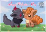  &lt;3 2015 black_body black_fur black_hair black_inner_ear blush brown_body brown_eyes brown_fur brown_inner_ear canid canine english_text eyelashes female feral flower fur grass hair highlights_(coloring) holiday_message holidays kissing male mammal markings nintendo orange_body orange_fur orange_hair plant pok&eacute;mon pok&eacute;mon_(species) red_hair red_markings signature sitting text tuft valentine&#039;s_day veemonsito video_games vulpix zorua 