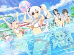  5girls :o ;d animal armband arms_up ass asuka_(senran_kagura) ball bangs beach_umbrella beachball bikini black_hair black_ribbon blonde_hair blue_armband blue_eyes blue_ribbon blush breasts brown_eyes bunny cleavage cloud cloudy_sky day english_text eyepatch frilled_bikini frills grin hair_ornament hair_ribbon hibari_(senran_kagura) highres holding holding_ball ikaruga_(senran_kagura) innertube katsuragi_(senran_kagura) kneeling large_breasts long_hair looking_at_viewer multiple_girls navel ninto_(senran_kagura) official_art one_eye_closed open_mouth outdoors palm_tree pink_hair pink_towel ponytail pool poolside red_eyes red_scarf ribbon scarf senran_kagura short_hair short_twintails shuriken sky smile squid_print sunglasses sunlight surprised swimsuit symbol-shaped_pupils towel tree twintails umbrella underwater water_slide white_bikini white_hair white_ribbon yaegashi_nan yagyuu_(senran_kagura) yellow_ribbon 