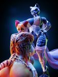  3d_(artwork) anthro clothed clothing dark_fur digital_media_(artwork) duo felid feline female female/female fur genitals hi_res mammal markings nipple_piercing nipples orange_body orange_fur pantherine partially_clothed picti piercing pussy tiger translucent translucent_clothing 