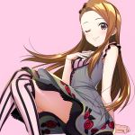  1girl black_dress blush brown_hair dress feet_out_of_frame flower forehead hairband highres idolmaster idolmaster_(classic) idolmaster_million_live! idolmaster_million_live!_theater_days lips long_hair looking_at_viewer mikapoe minase_iori one_eye_closed pink_background red_eyes simple_background sitting sleeveless smile solo thighhighs zettai_ryouiki 