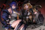  2girls 666_(ro_ro_ro3) absurdres animal_ears arknights bag bangs bare_shoulders black_footwear black_headwear black_jacket black_legwear blonde_hair blue_bag blue_hair blue_jacket boots breasts ch&#039;en_(arknights) chain commentary_request dark_background dragon_horns drill_hair eyebrows_visible_through_hair fang feet_out_of_frame fingerless_gloves frown gloves green_eyes hair_between_eyes hair_ornament hair_ribbon hat highres holding holding_weapon horns huge_filesize jacket large_breasts long_hair looking_at_viewer multiple_girls off-shoulder_jacket open_mouth orange_neckwear orange_ribbon parted_bangs red_eyes ribbon shirt shorts sidelocks sleeveless smile swire_(arknights) tail thighhighs tiger_ears tiger_tail weapon white_shirt yellow_neckwear 