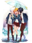  1girl 2boys ahoge aqua_eyes backpack bag black_eyes black_hair black_legwear blue_eyes blue_jacket brown_footwear checkered checkered_neckwear closed_eyes collared_shirt commentary_request emma_(yakusoku_no_neverland) eyebrows_visible_through_hair facing_viewer full_body hair_over_one_eye hands_in_pockets highres holding holding_umbrella jacket kneehighs long_sleeves looking_at_viewer multiple_boys neck_ribbon necktie norman_(yakusoku_no_neverland) open_mouth orange_hair oushimaru outdoors pants pointing puddle ray_(yakusoku_no_neverland) red_neckwear red_pants red_ribbon red_skirt ribbon school_uniform shirt shoes short_hair simple_background skirt smile talking thick_eyebrows umbrella uniform walking white_hair white_shirt yakusoku_no_neverland 