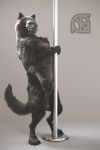  2:3 3d_(artwork) animal_genitalia anthro balls black_body black_fur black_nose canid canine canis claws cosmiclife dancing digital_media_(artwork) feet feral fur genitals looking_at_viewer male mammal paws pinup pole pole_dancing pose realistic romeo_(cosmiclife) semi-anthro sheath smile solo standing stripper_pole teeth wolf yellow_sclera 