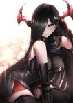  1girl azur_lane bare_shoulders black_hair blush breasts dress eyebrows_visible_through_hair friedrich_der_grosse_(azur_lane) gdat gloves hair_over_one_eye hand_in_hair highres horn_ornament large_breasts long_hair looking_at_viewer mechanical_horns red_gloves red_horns see-through short_dress sleeveless sleeveless_dress solo thighhighs very_long_hair yellow_eyes 