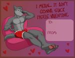  &lt;3 anthro boxers_(clothing) canid canine canis chair clothing cooper_estevez crossed_legs dialogue erection face_on_hand furniture hi_res jackaloo male mammal paws presenting sitting solo unamused underwear valentines_day_card wolf 