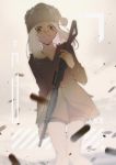  1girl blurry blush brown_eyes brown_jacket brown_shorts closed_mouth collarbone commentary_request facing_viewer gillian_(yakusoku_no_neverland) grey_headwear gun hair_between_eyes hat holding holding_gun holding_weapon jacket long_sleeves looking_at_viewer medium_hair no.18 shell_casing shorts simple_background smile solo standing weapon white_hair yakusoku_no_neverland 