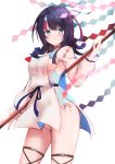  1girl black_hair blue_eyes breasts eyebrows_visible_through_hair fate/grand_order fate/requiem fate_(series) fundoshi highres holding holding_staff japanese_clothes looking_at_viewer medium_breasts multicolored_hair red_hair shibakame short_hair sideboob solo staff streaked_hair utsumi_erise 